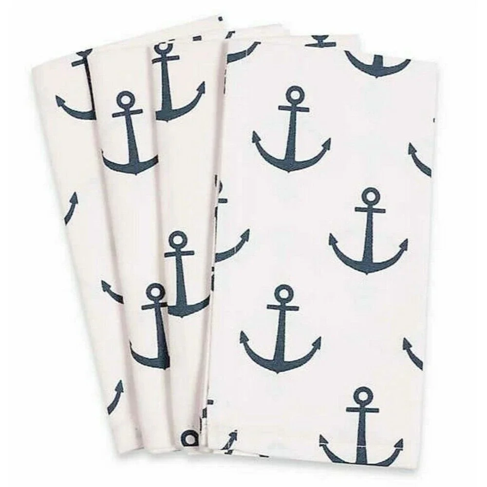 Fete White Napkins Set of 4 Navy Anchors Cotton 20x20